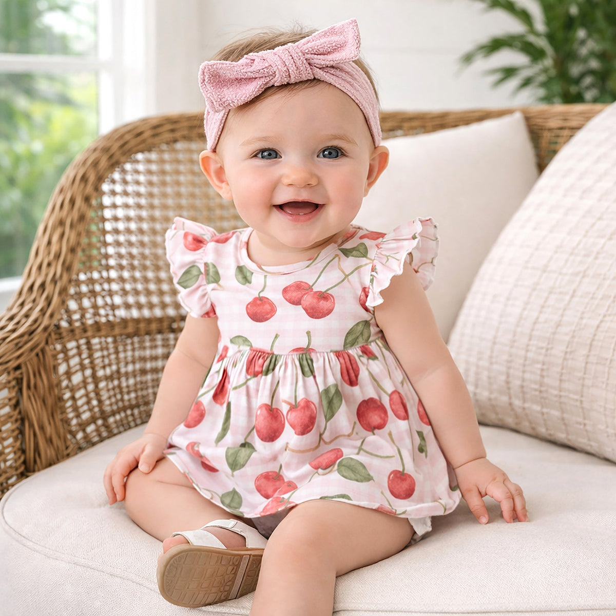 Cherry Picnic Flutter Sleeve Bamboo Skirted Bodysuit 0-3M