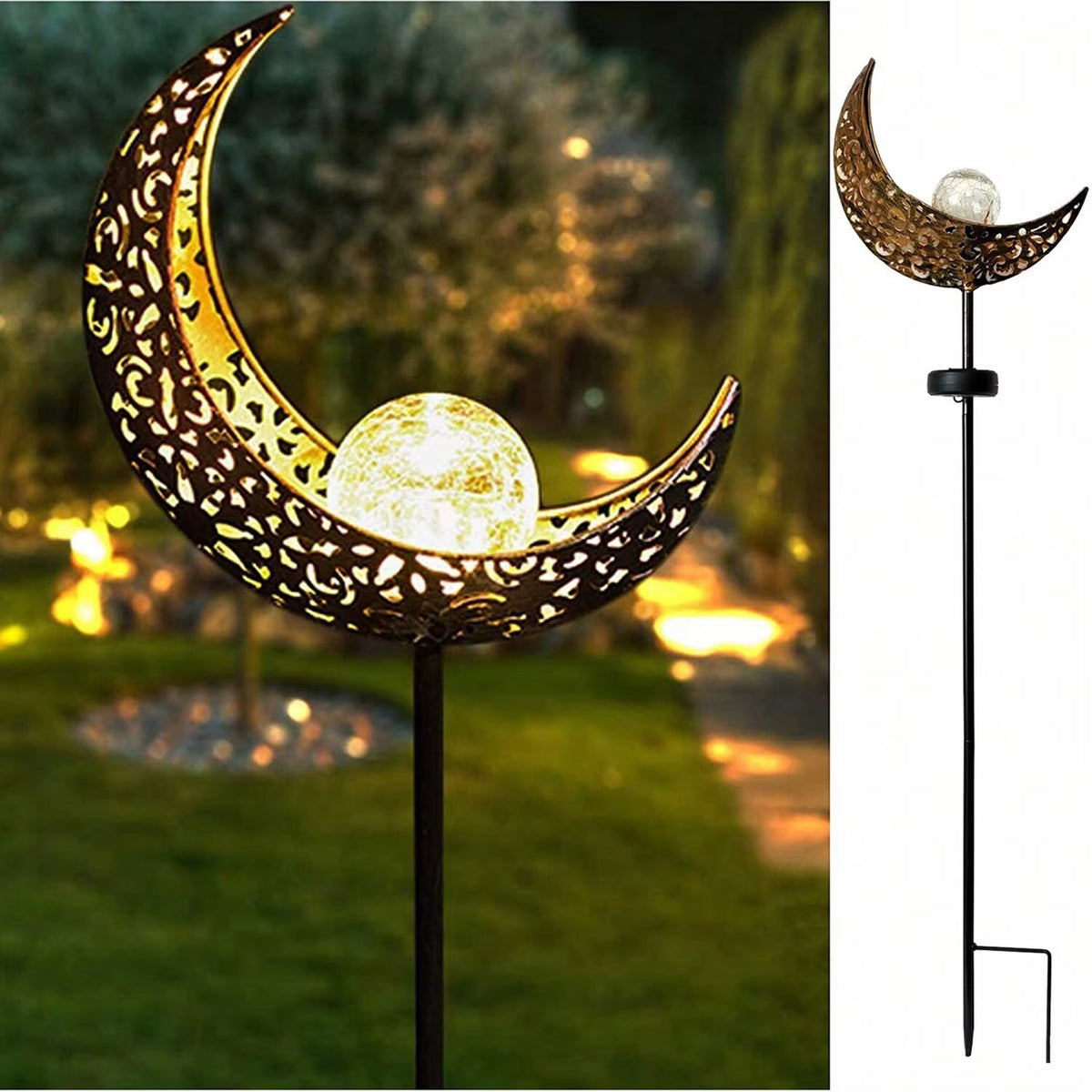 Solar Garden Lights Outdoor Decor,Moon Fairy Crackle Glass Lights,Warm White LED Metal Stake Ornament,Unique Gift for Gardening