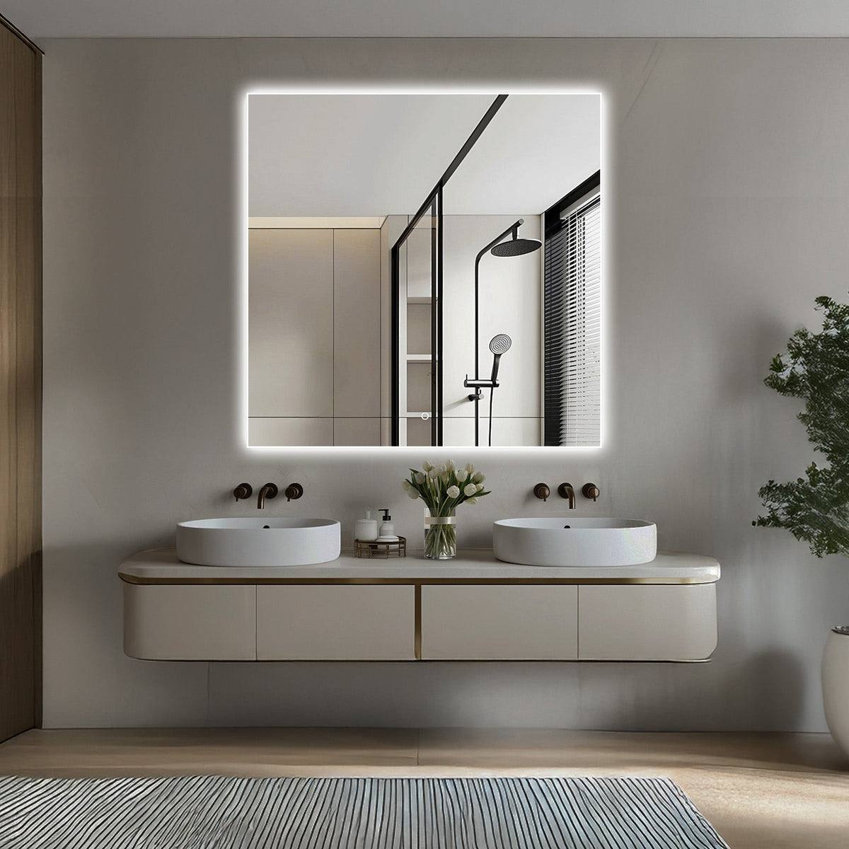 Isa Rectangular LED Bathroom Mirror, Acrylic Frame, Aluminum Profile, Tri-Color Adjustable, Stepless Dimming, Anti-Fog