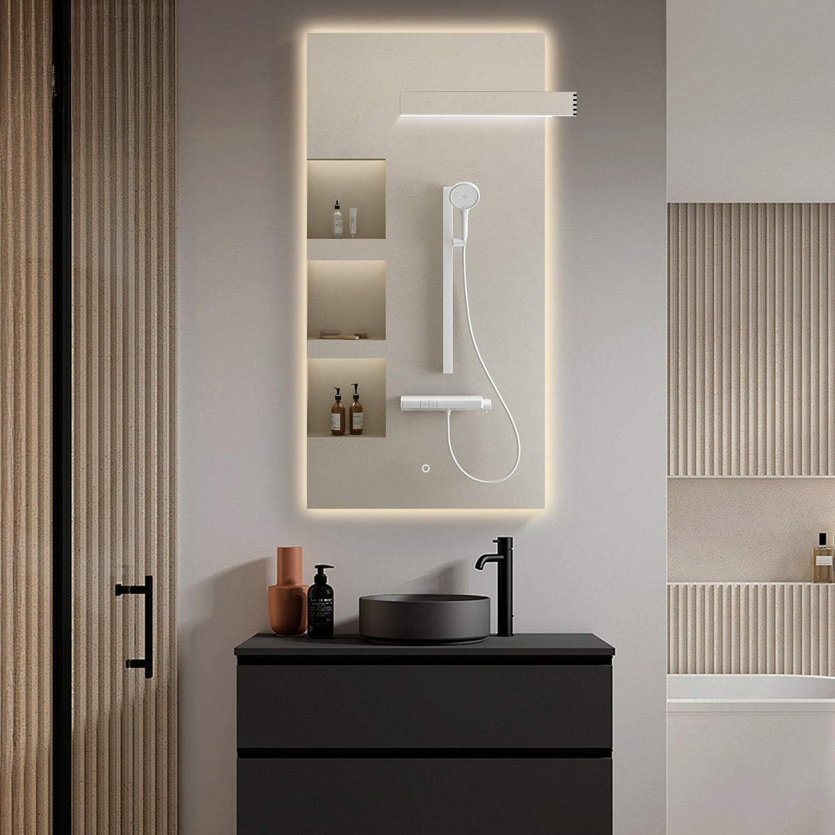 SILK Rectangle LED Bathroom Mirror for Wall, Irregular LED Mirror with Anti-Fog, 3-Color Adjustal, Dimmable, backlit&frontlit, Explosion-Proof