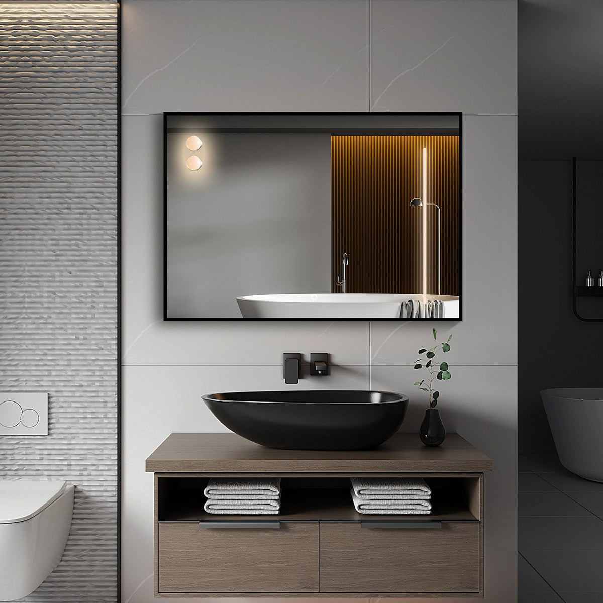 AuraDate LED Light Mirror with Touch Switch, Spherical Bulb, Modern Rectangular LED Bathroom Mirror