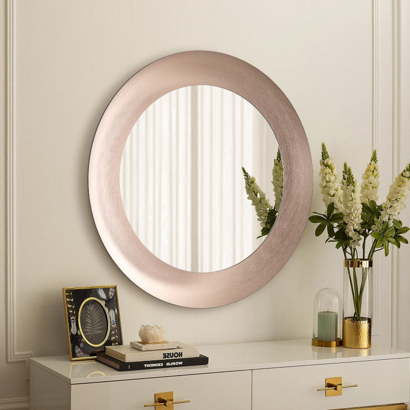 Polaris Round LED Bathroom Mirror, Modern Design, Brushed Rose Gold, Tri-Color Adjustable, Stepless Dimming, Anti-Fog