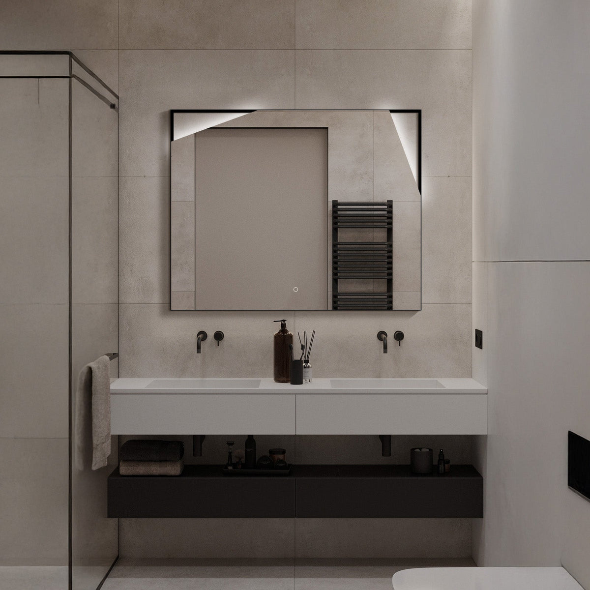 WhimsMirror LED Lighted Mirror with Touch Switch, Irregular Cutout Design, Modern Rectangular LED Bathroom Mirror, Matte Black