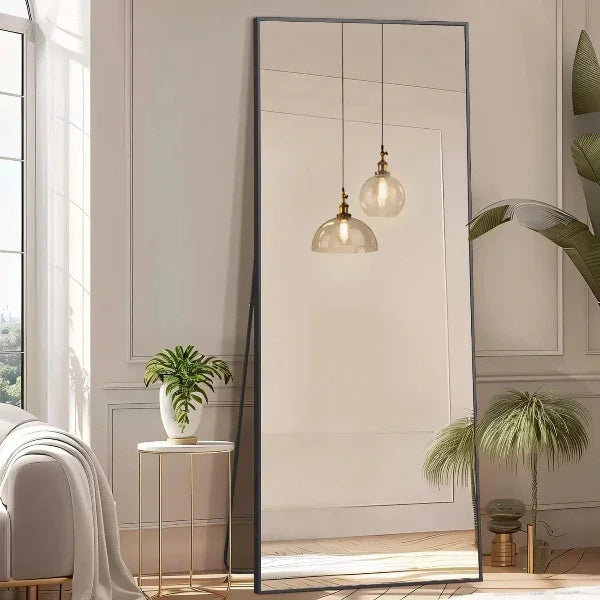 MELOMOIR Full Length Mirror, Floor Mirror with Stand Hanging or Leaning, Aluminum Alloy Frame Full Body Mirror for Bedroom Living Room Cloakroom Hallway, Wall Mirror Full Length, Black