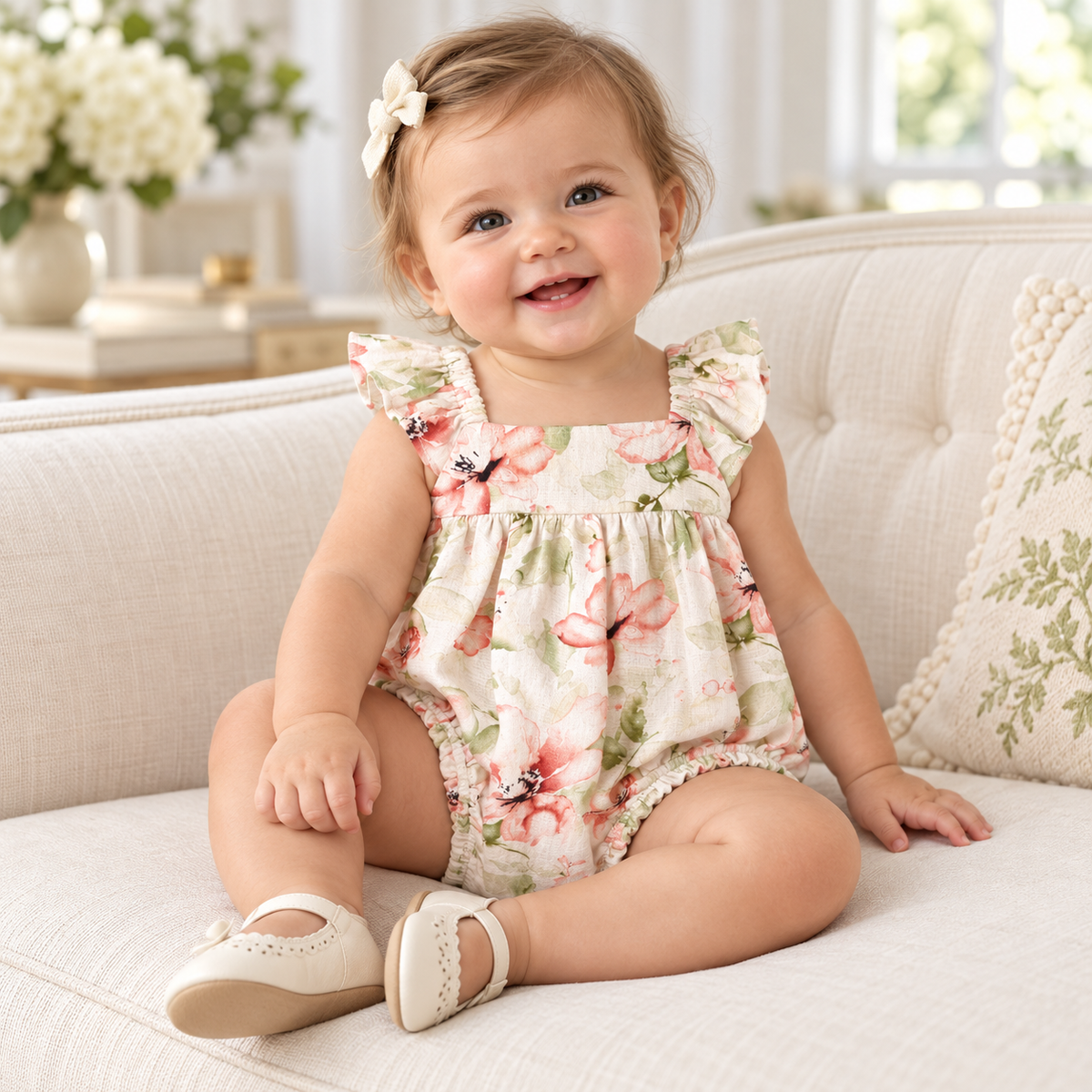 Blush Bouquet Baby Girl Floral Bubble Romper | 9–12M