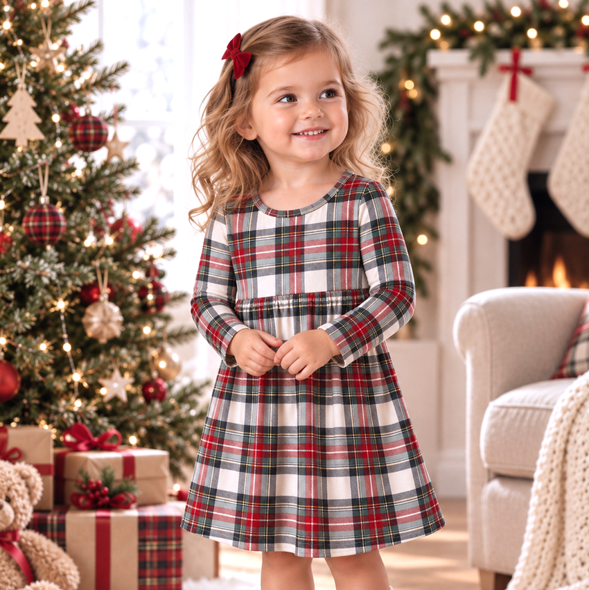 Girls Christmas Plaid Dress – Soft Bamboo Holiday Outfit