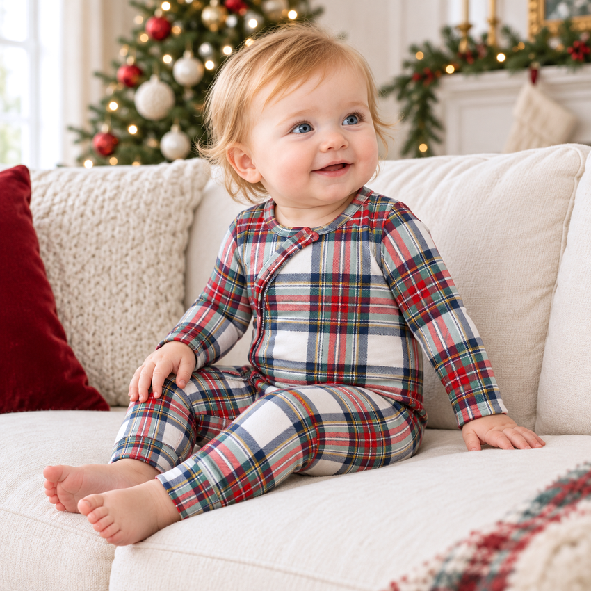 Plaid Baby Christmas Zipper Romper With Convertible Cuffs