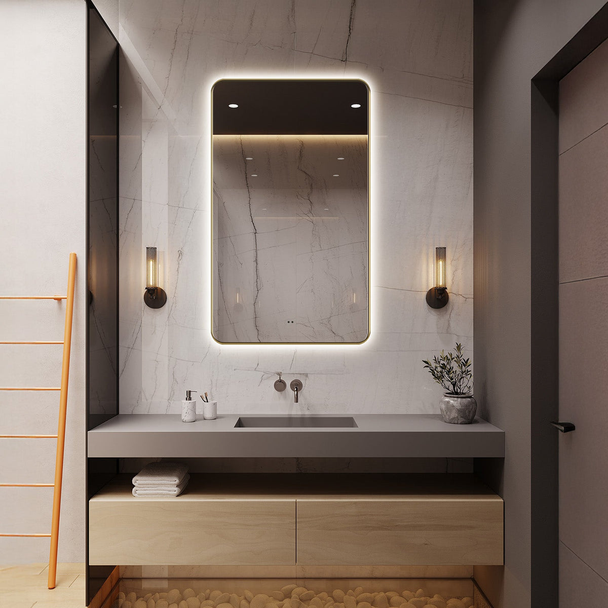 Delphinus II Brushed Gold LED Mirror – Anti-Fog, Dimmable