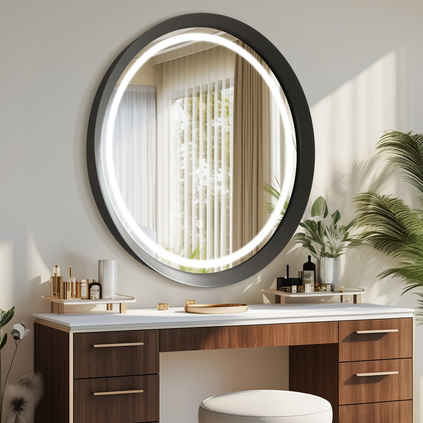 Columba Round LED Bathroom Mirror with Lights, Frosted Grey Metal Framed LED Mirror for Bathroom, 3 Colors and Stepless Dimmable Flared Frame Bathroom Vanity Mirror, Anti-Fog