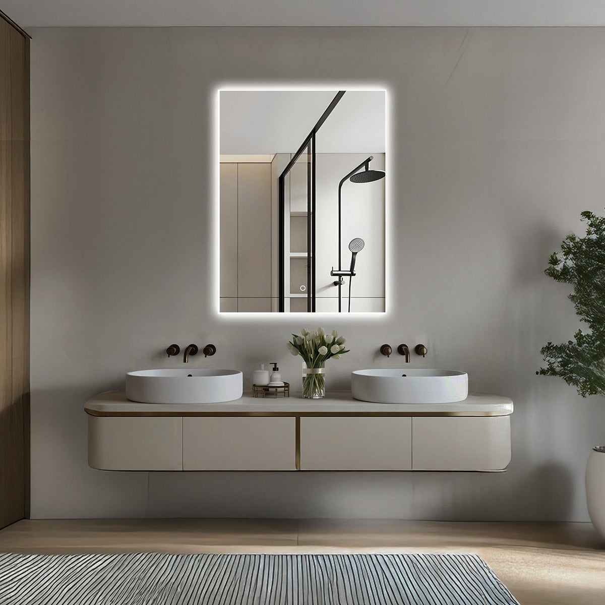 Isa Rectangular LED Bathroom Mirror, Acrylic Frame, Aluminum Profile, Tri-Color Adjustable, Stepless Dimming, Anti-Fog