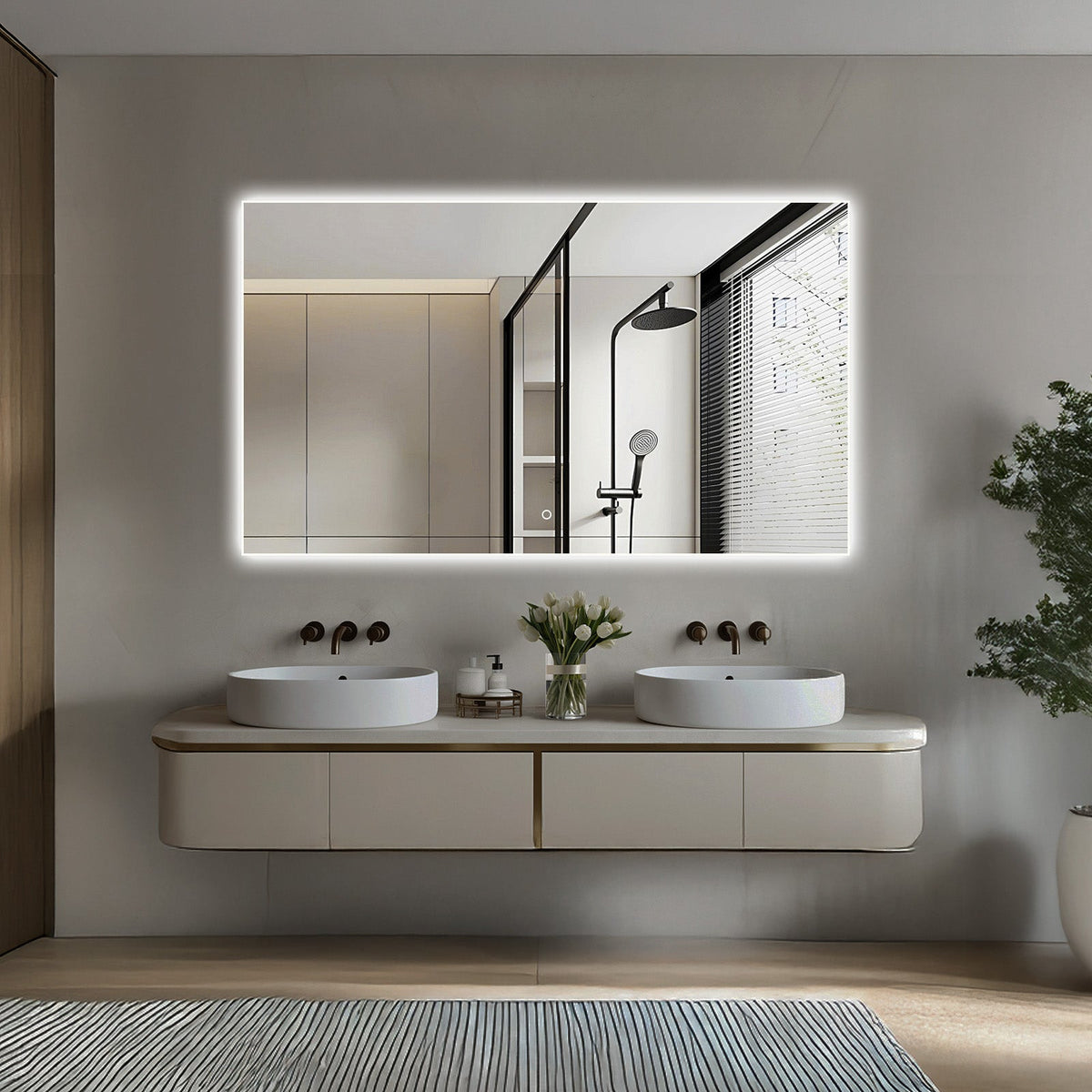 Isa Rectangular LED Bathroom Mirror, Acrylic Frame, Aluminum Profile, Tri-Color Adjustable, Stepless Dimming, Anti-Fog