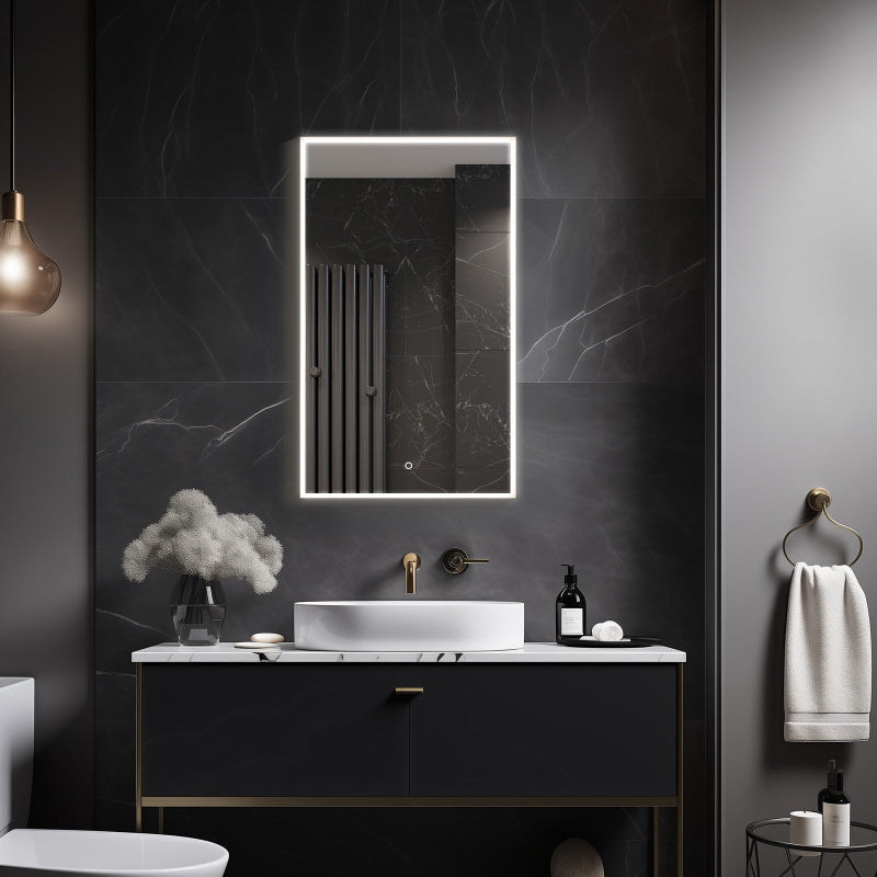 Sextans Rectangle LED Bathroom Mirror with Lights, Frosted Grey Metal Framed LED Mirror for Bathroom, 3 Colors and Stepless Dimmable, Anti-Fog