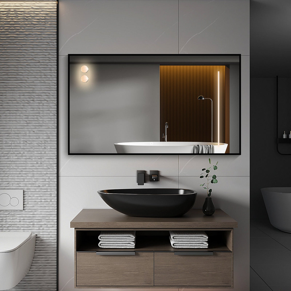 AuraDate LED Light Mirror with Touch Switch, Spherical Bulb, Modern Rectangular LED Bathroom Mirror