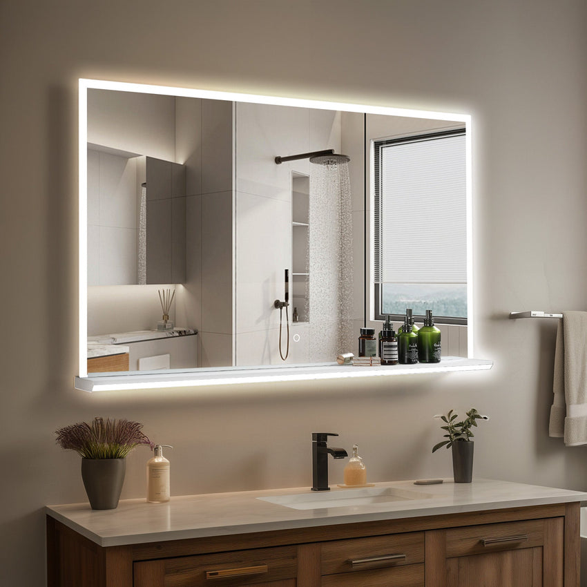 Fayre 28x48 inch LED Bathroom Mirror with Shelf, Aluminum Metal Frame, Bathroom-Specific LED Mirror, 3 Colors, Stepless Dimming, Anti-fog