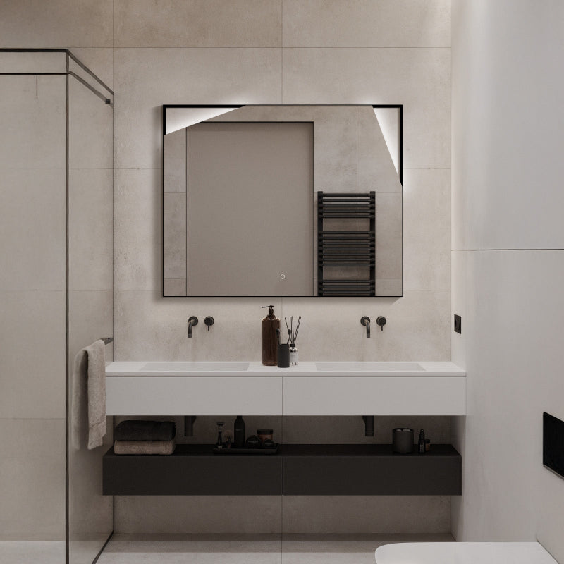 WhimsMirror LED Lighted Mirror with Touch Switch, Irregular Cutout Design, Modern Rectangular LED Bathroom Mirror, Matte Black