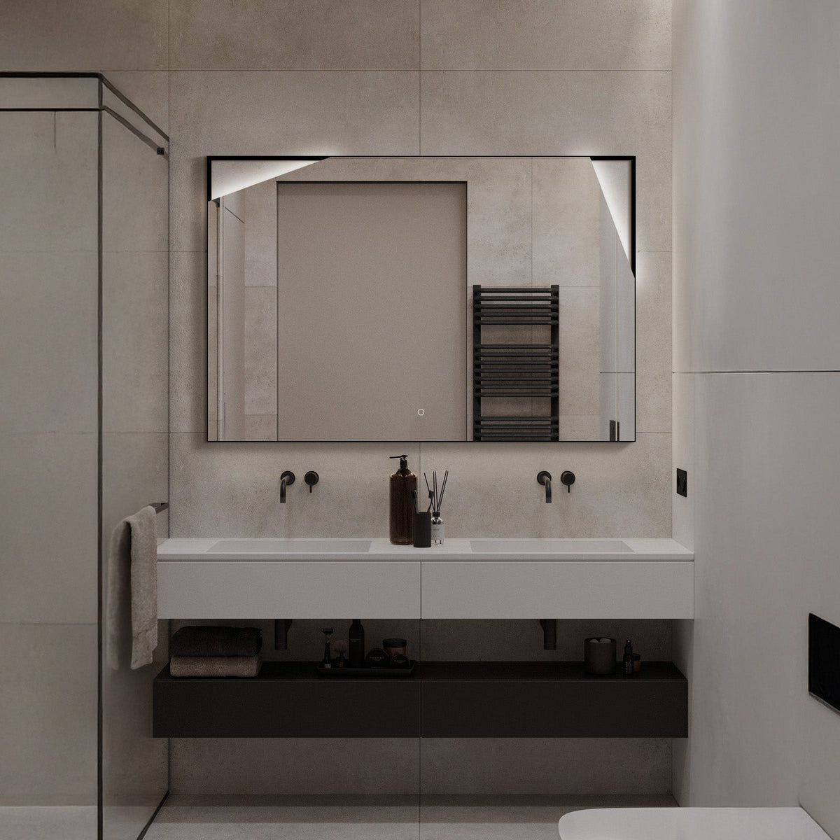 WhimsMirror LED Lighted Mirror with Touch Switch, Irregular Cutout Design, Modern Rectangular LED Bathroom Mirror, Matte Black
