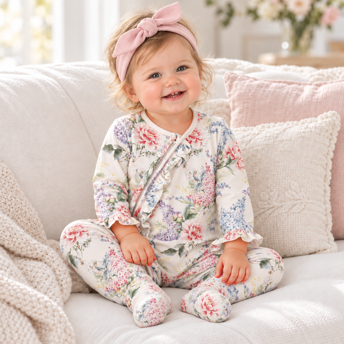 Watercolor Floral Bamboo Baby Girl Floral Zipper Romper
