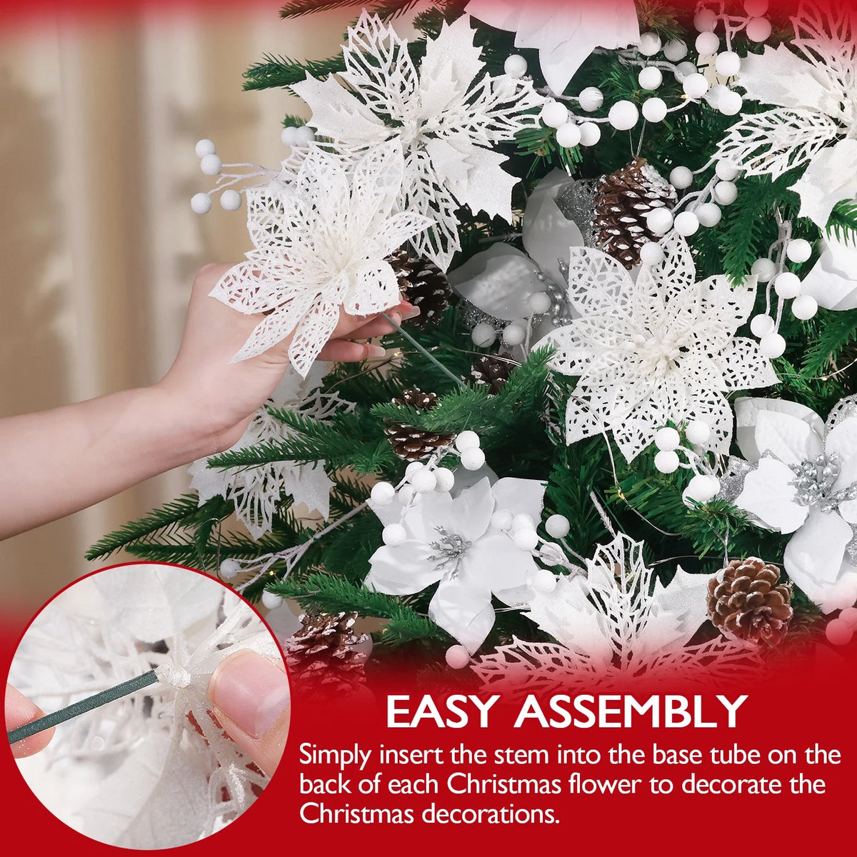 56Pcs Poinsettia Christmas Flowers Decorations Christmas Flower Ornaments White Christmas Flowers Christmas Pine Cones Christmas Tree Ornaments Christmas Tree Decorations