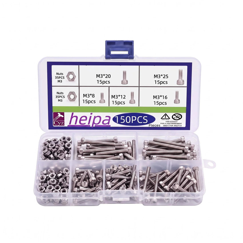150Pcs M3 Hex Socket Screws Bolts and Nuts Assorted Pack 8Mm to 25Mm Sizes 304 Stainless Steel for DIY and Home Projects