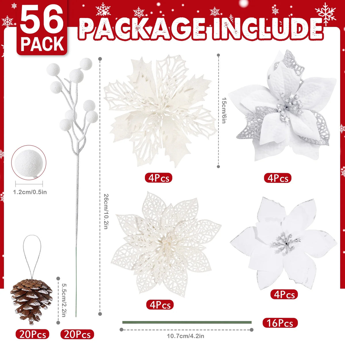 56Pcs Poinsettia Christmas Flowers Decorations Christmas Flower Ornaments White Christmas Flowers Christmas Pine Cones Christmas Tree Ornaments Christmas Tree Decorations