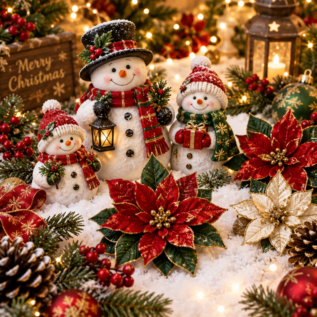 Festive Christmas snowman and holiday decorations lifestyle flat-lay